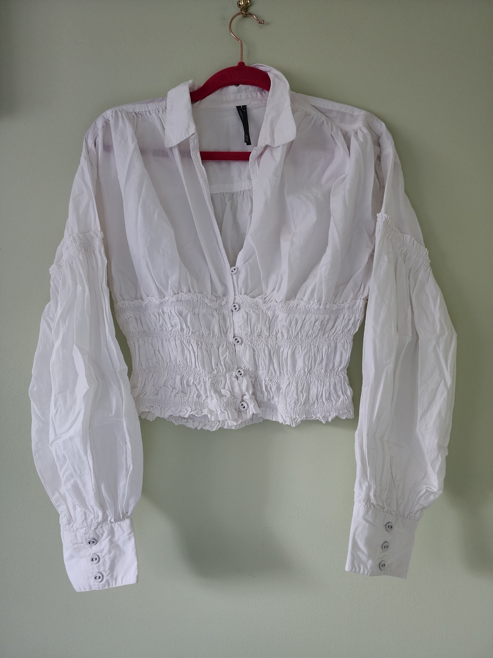 Anthropologie White Smocked Button-Down Blouse